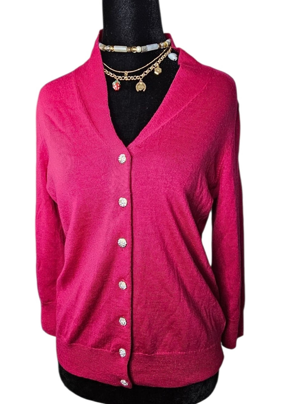 NWOT Talbots Petite S PURE Merino Wool Cardigan FuchsiaRed Rhinestone Buttons